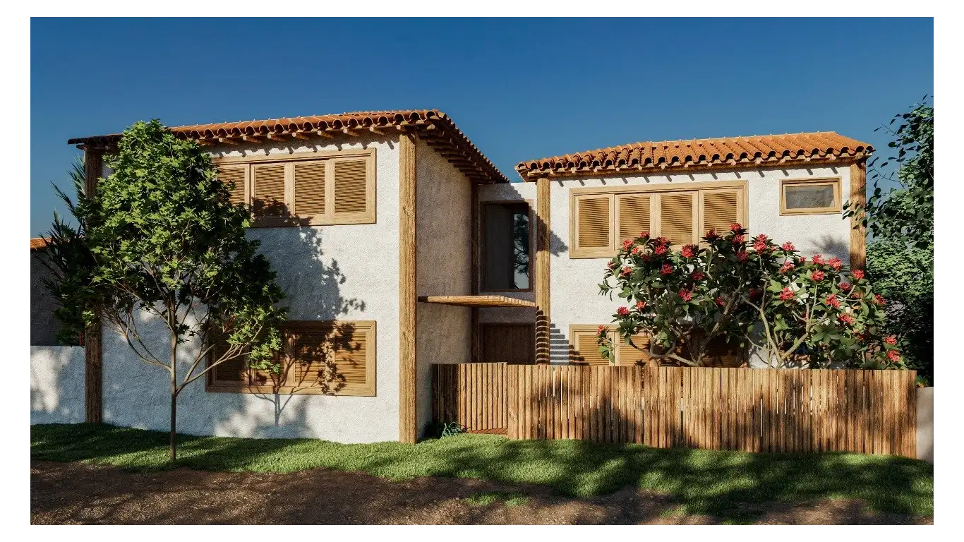 Um oásis particular por trás de uma fachada caiçara típica da região sul da Bahia. A casa DS foi projetada para um terreno que tem frente para duas ruas.
