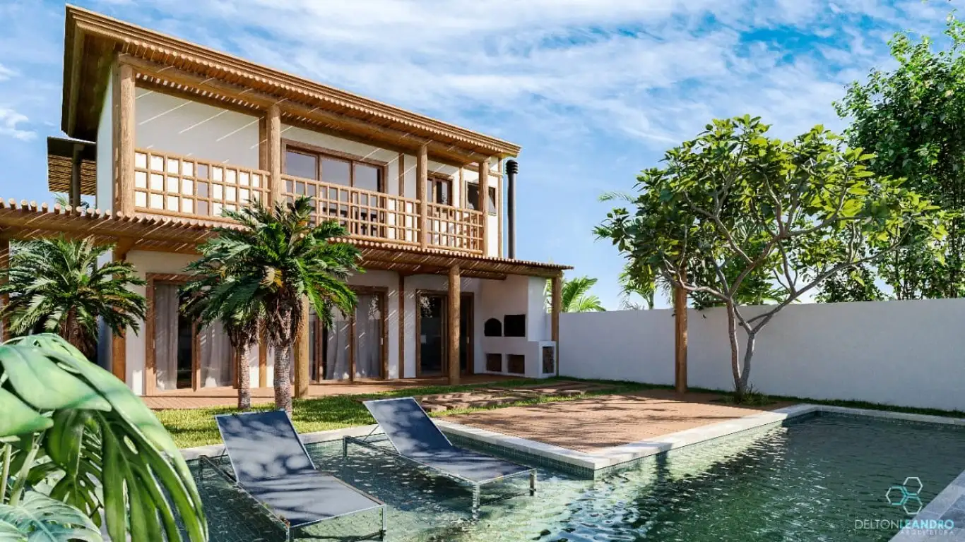 Con un estilo inspirado en la arquitectura local Caiçara, la casa fue diseñada con estructura de madera y yeso "Santa Fé", común desde la época colonial